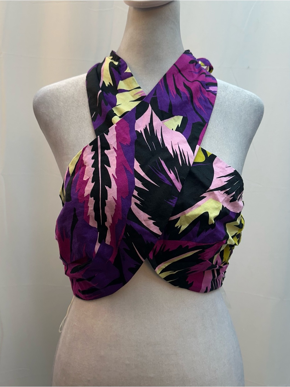 Future Collective Purple Tropical Print Crisscross Wrap Halter Crop Top M